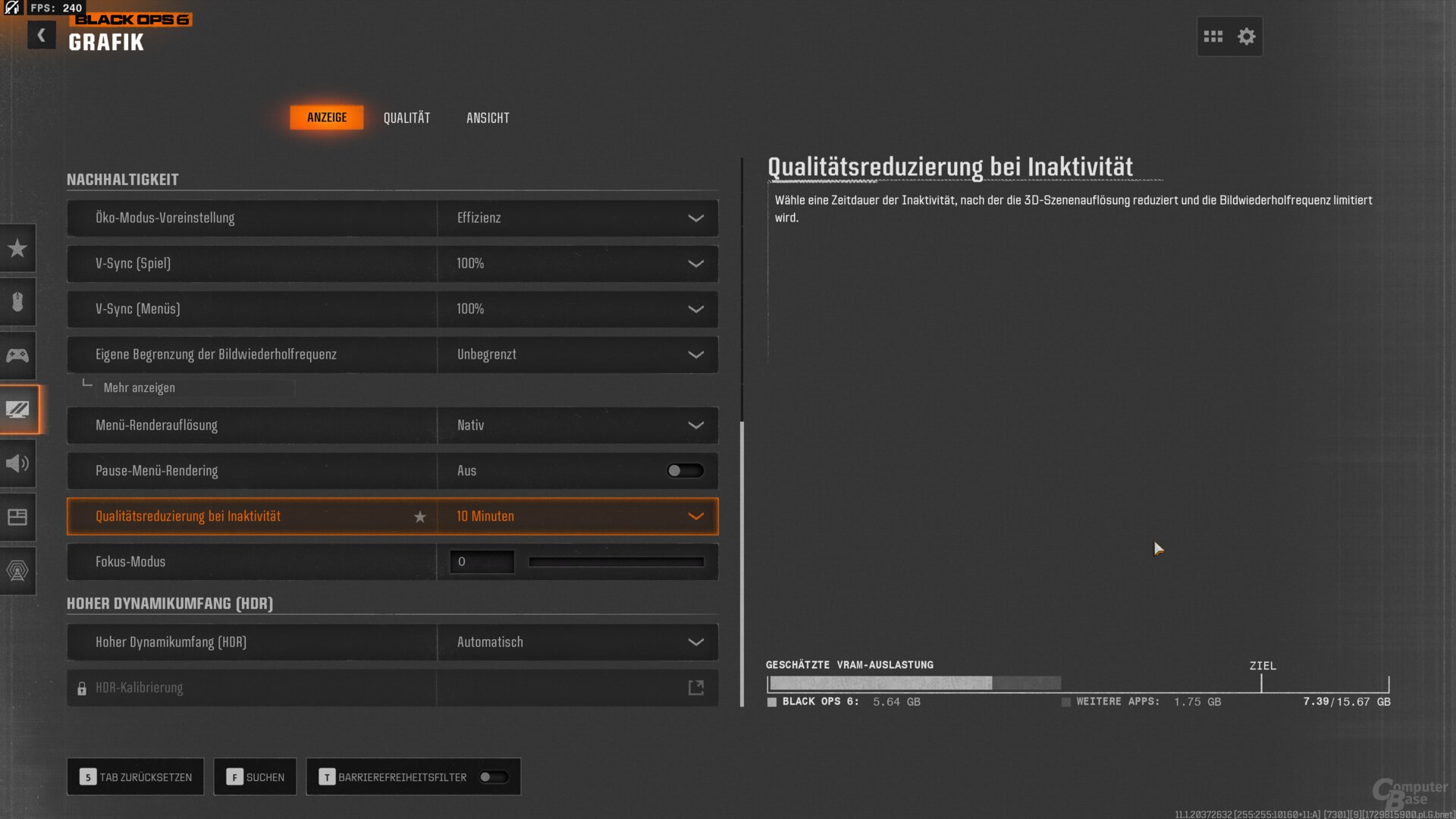Das Grafikmenü der PC-Version