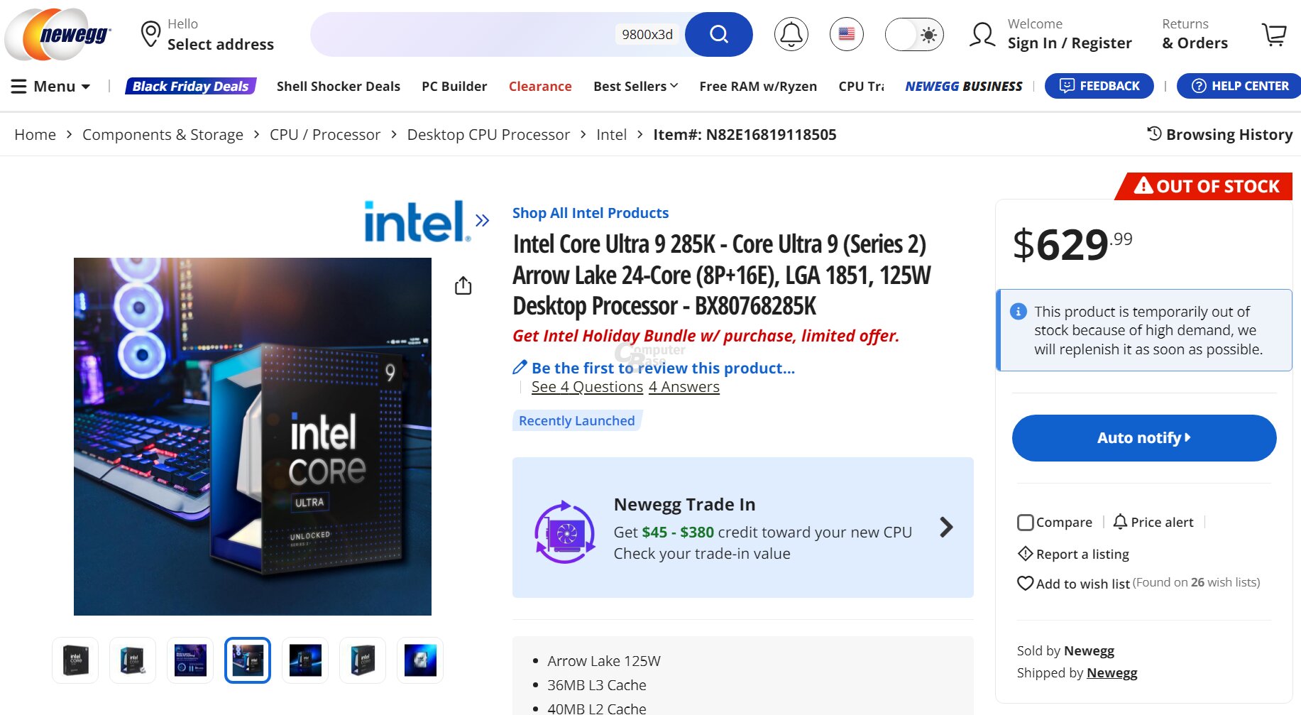 Core Ultra 9 285K weiterhin nicht lieferbar in den USA