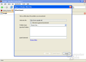 Firefox 1.5 Beta 1: Seiten mit Darstellungsfehlern melden