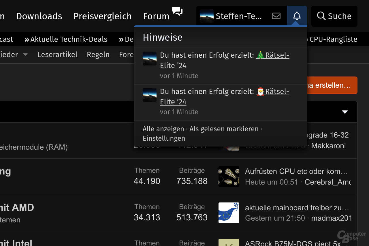 Hinweis auf Verleihung eines Erfolgs