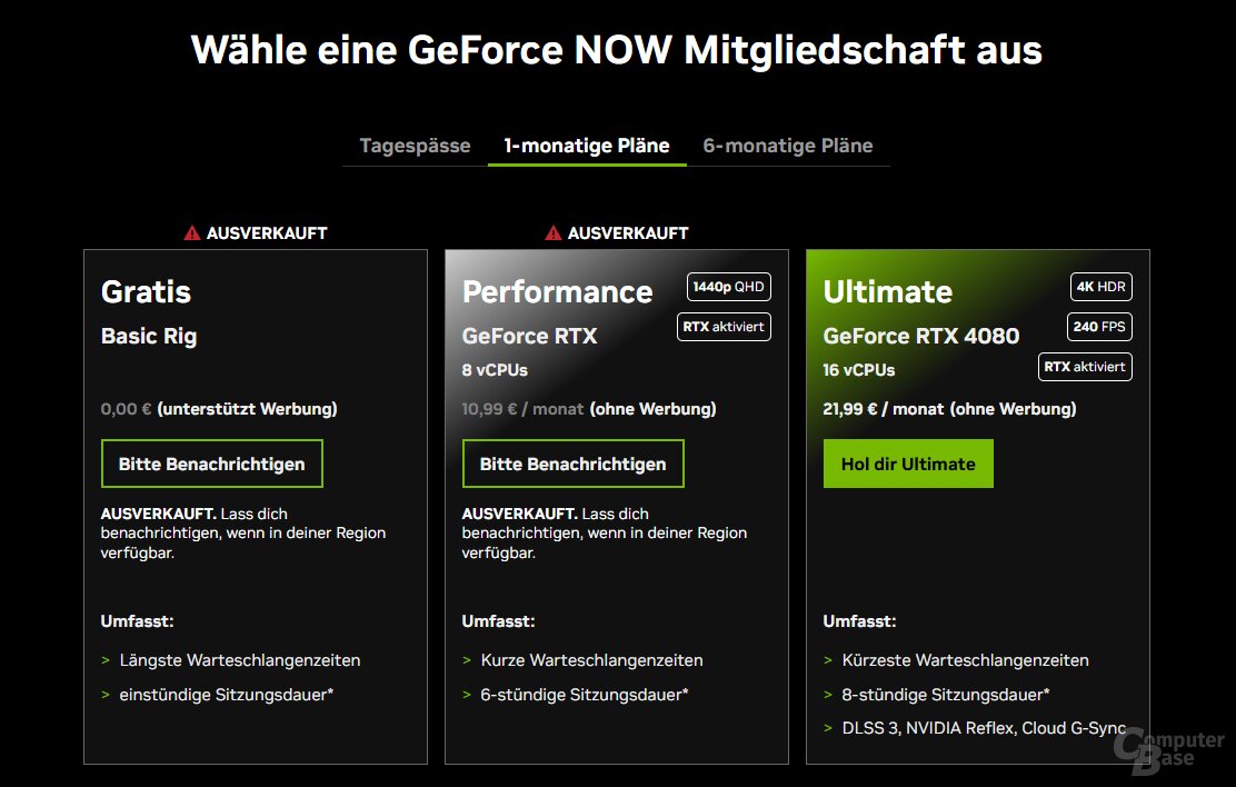 Nvidia GeForce Now ist aktuell nur sehr eingeschränkt buchbar, viele Tarife sind „ausverkauft“
