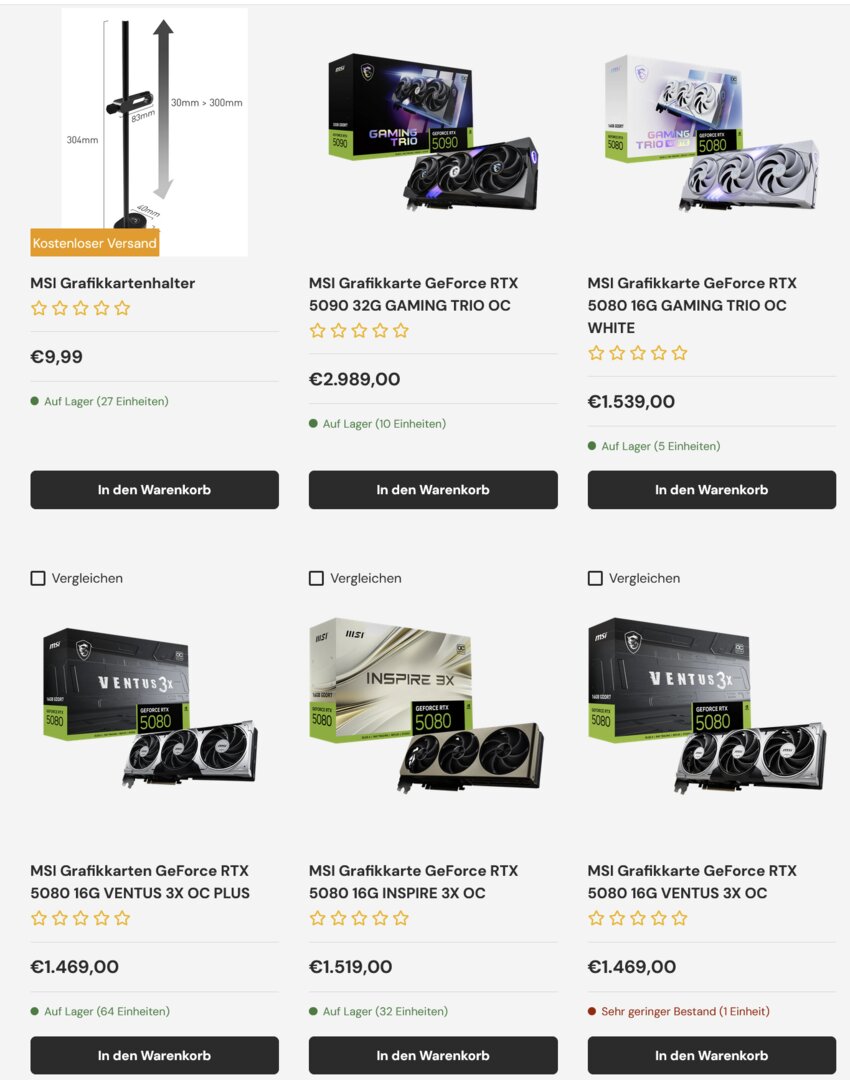 Die Preise im MSI Online-Shop am 18. Februar 2025
