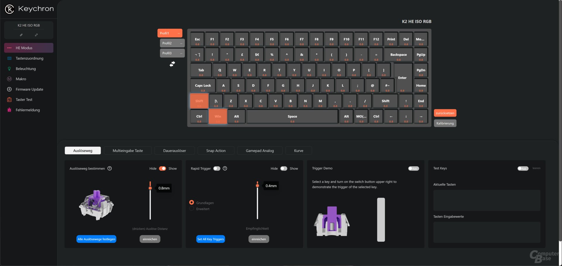 Auslöse- und Rücksetzpunkt der Taster können eingestellt werden