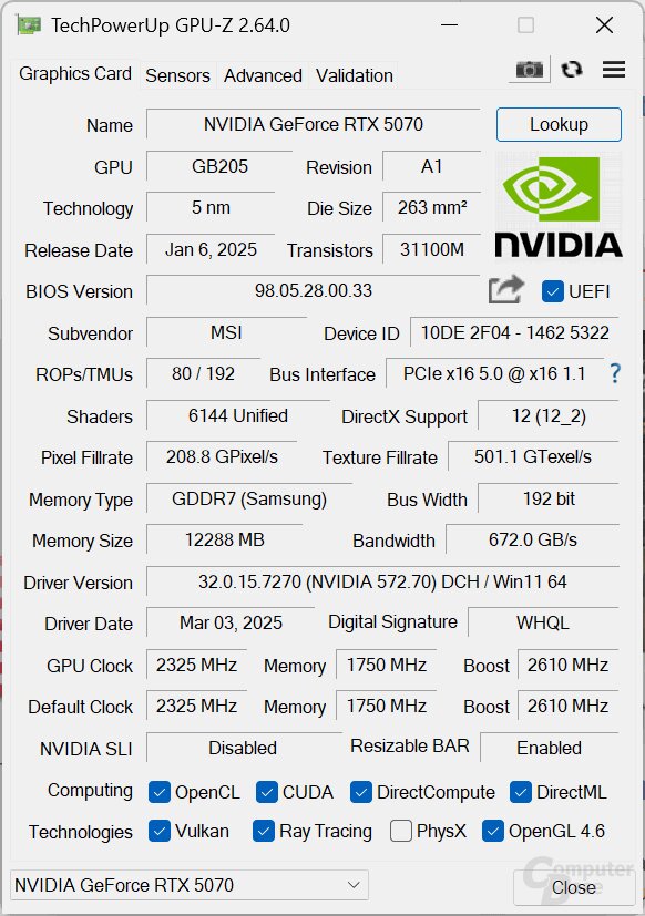 MSI GeForce RTX 5070 Gaming Trio OC: Standard-BIOS