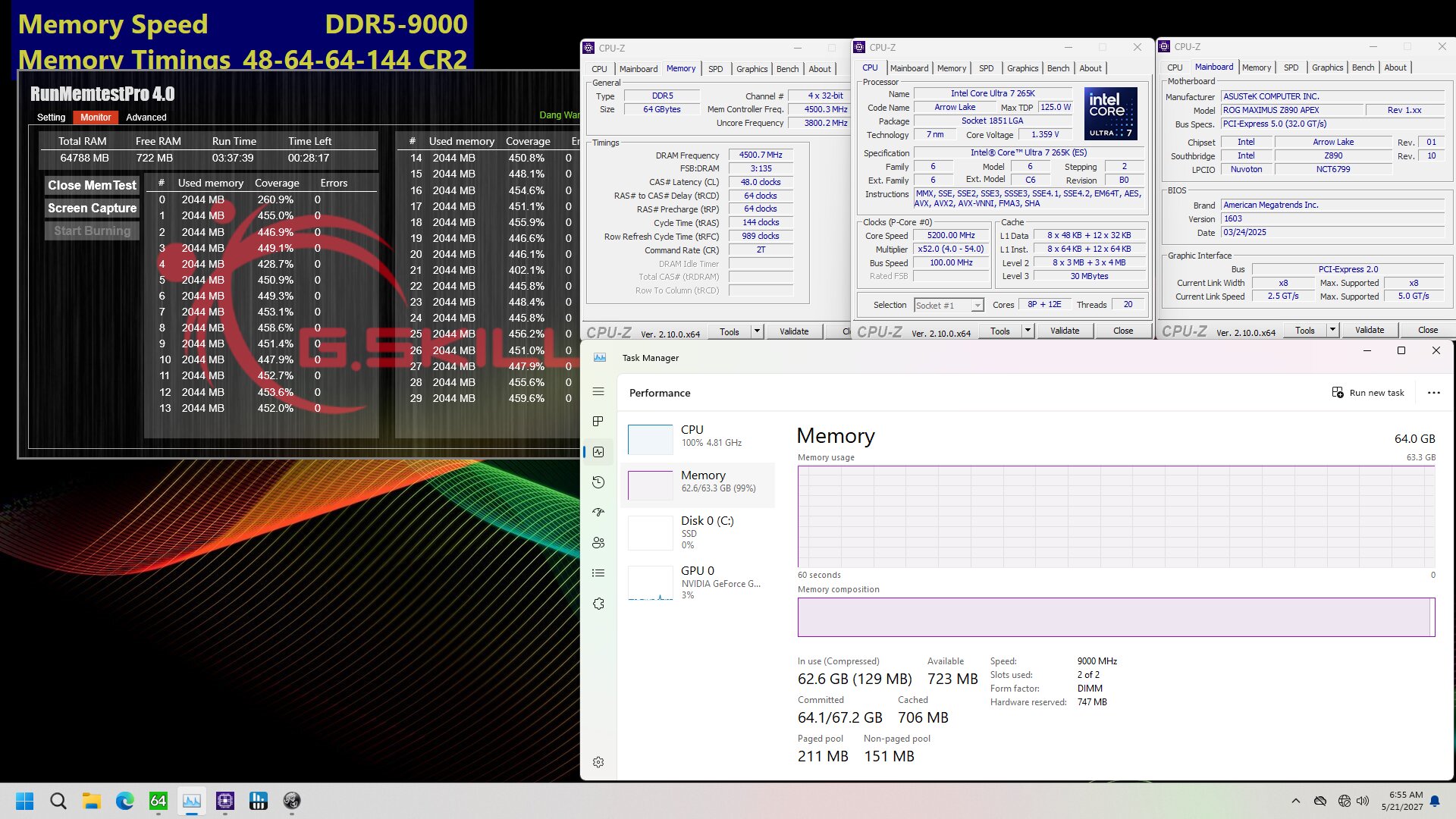 G.Skill DDR5-9000 CL48 mit 2 x 32 GB im Memtest