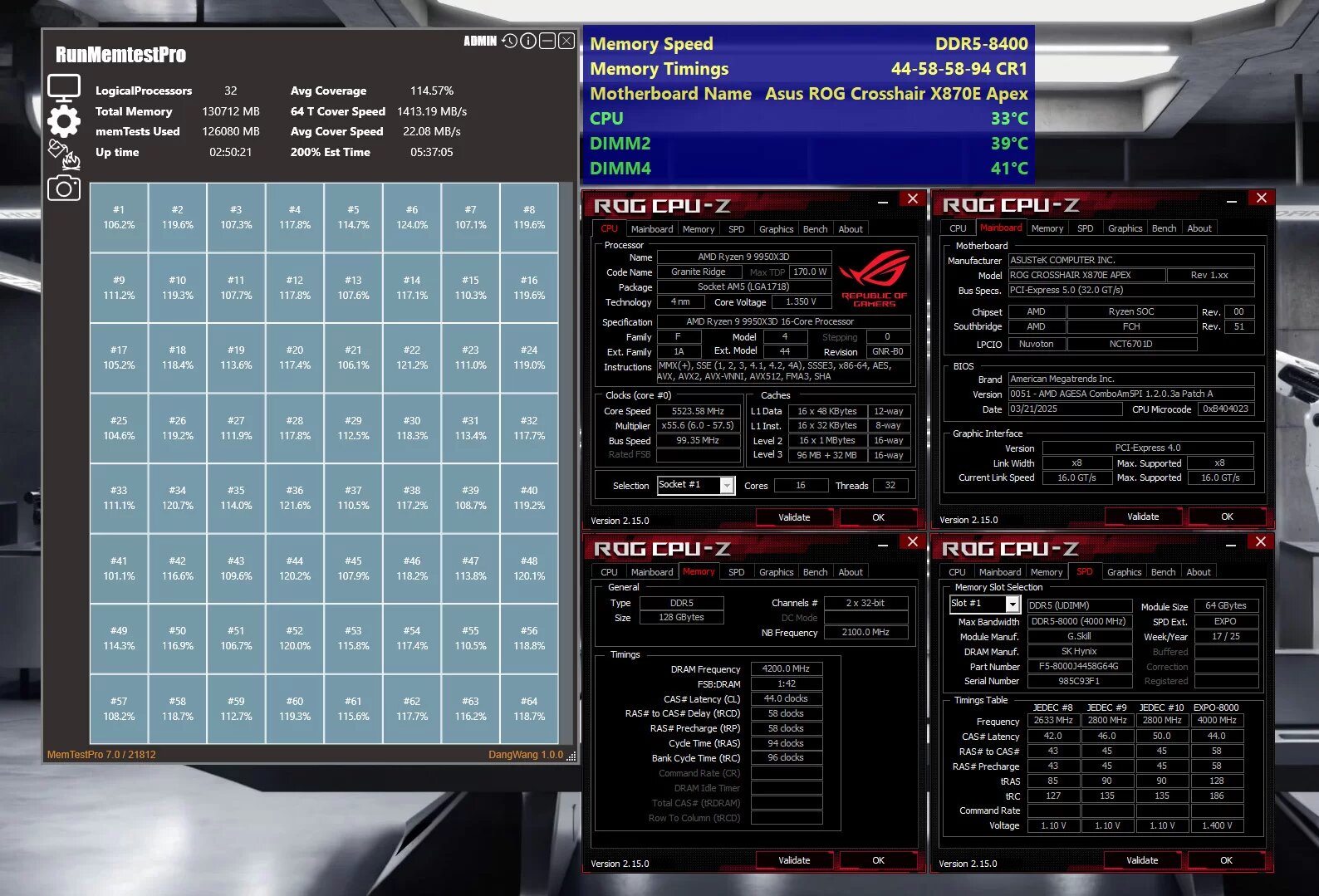 G.Skill DDR5-8400 CL44 mit 2 x 64 GB im Memtest