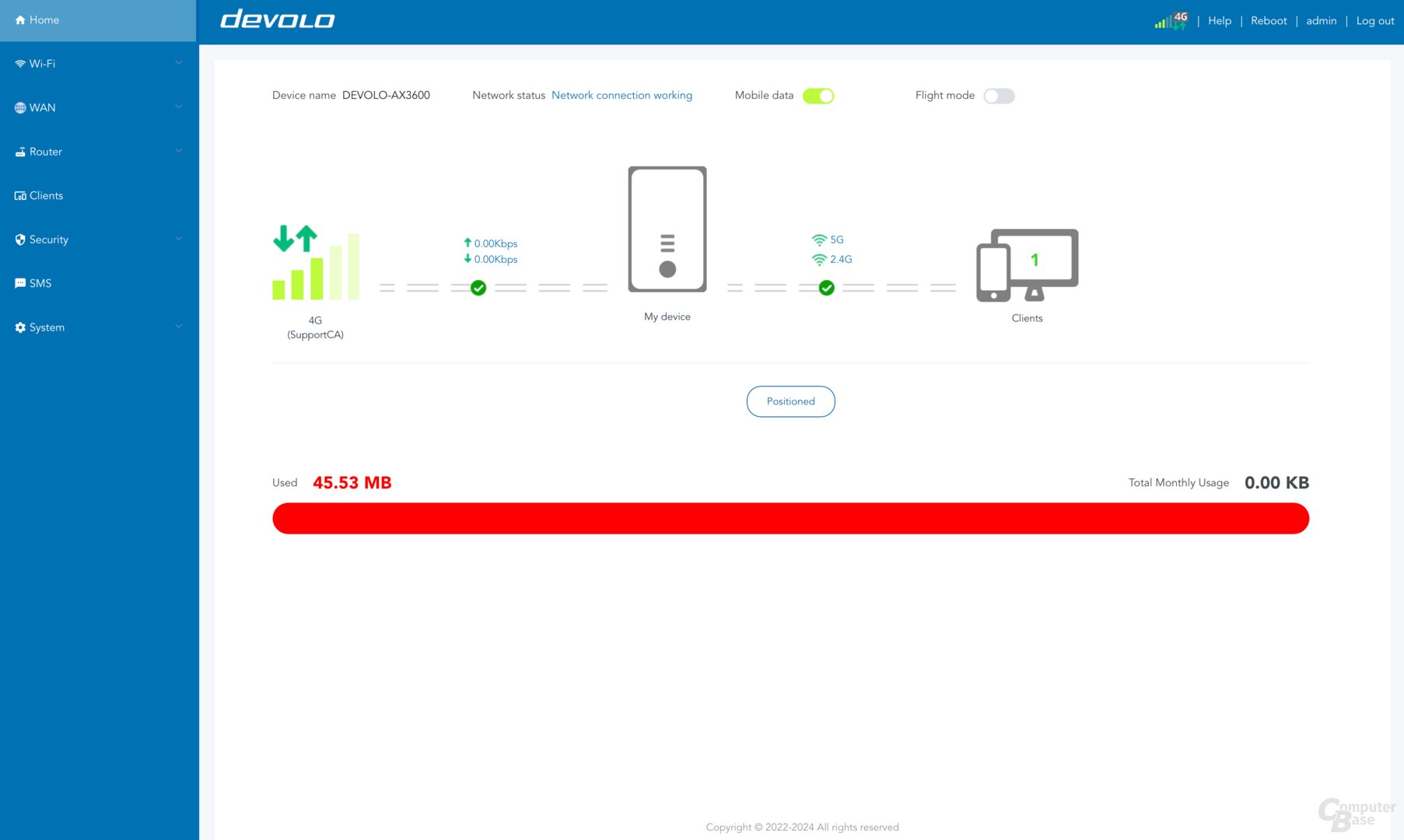 Weboberfläche des Devolo WiFi 6 Router 3600 5G LTE