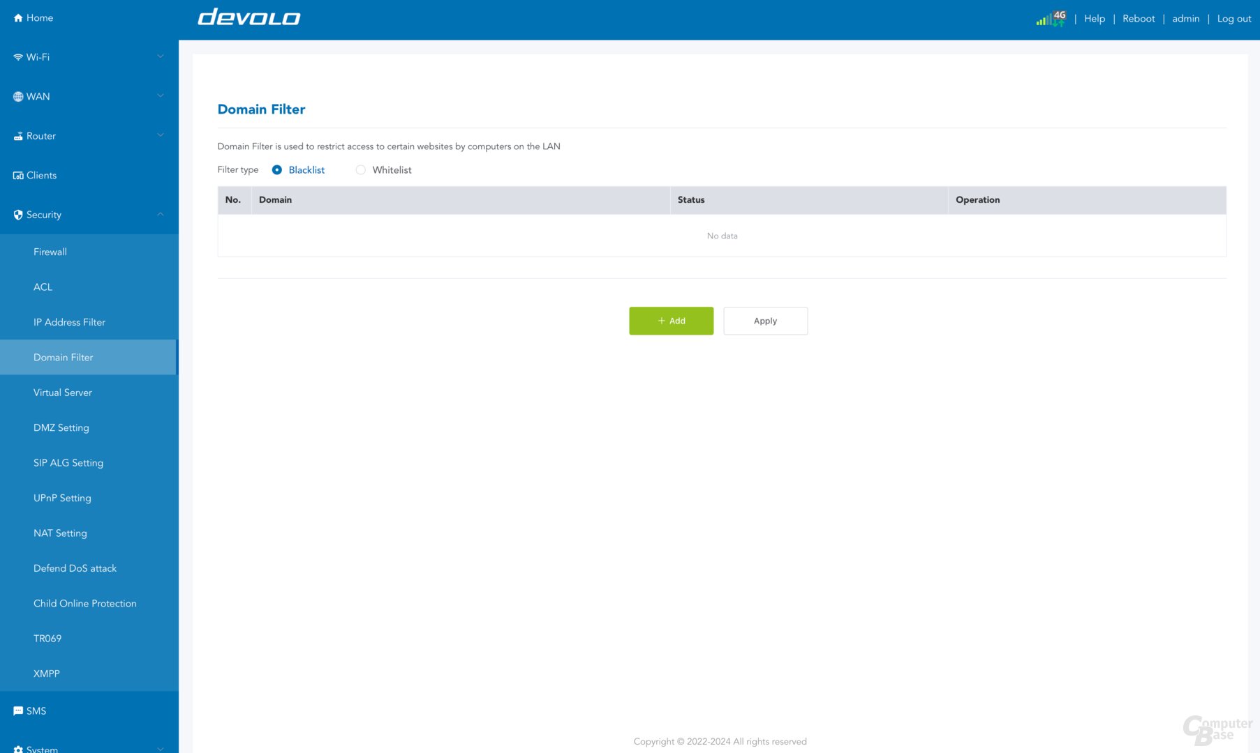 Weboberfläche des Devolo WiFi 6 Router 3600 5G LTE