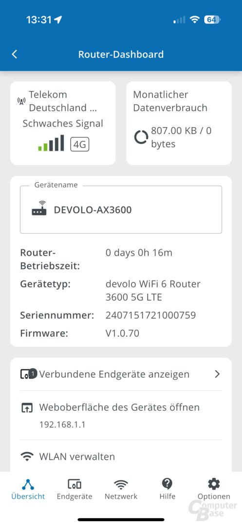 Einrichtung des Devolo WiFi 6 Router 3600 5G LTE in der App