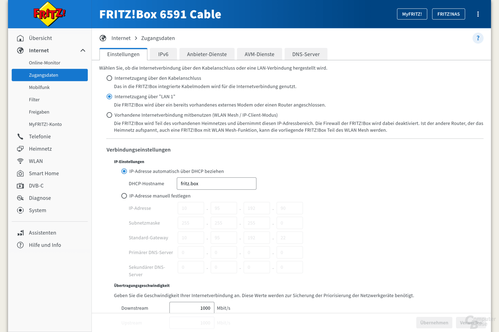 Ethernet-Tethering in der Fritz!Box aktivieren: Internet → Zugangsdaten → Internetzugang über „LAN 1“ statt über das integrierte Modem