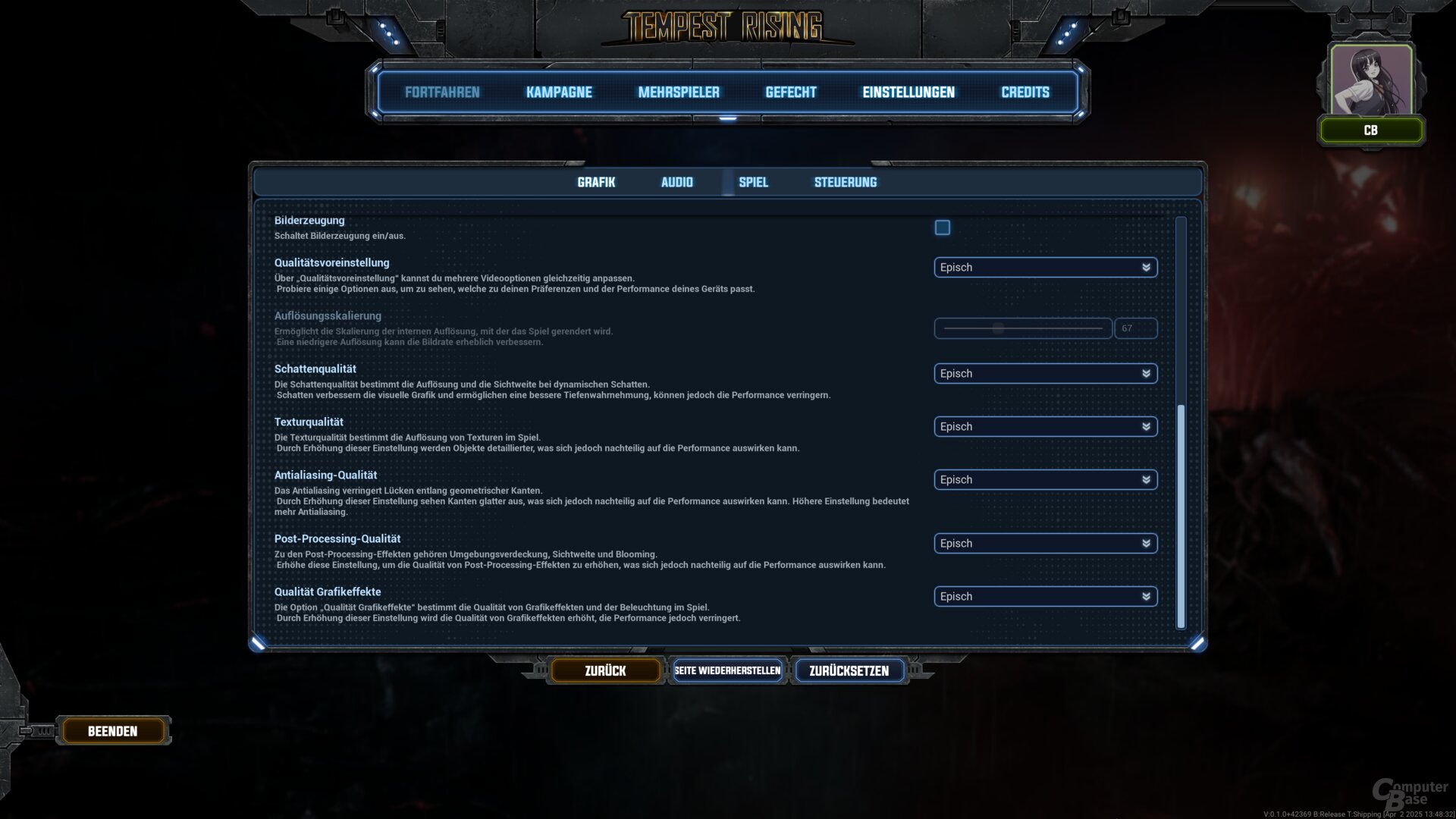 Das Grafikmenü der PC-Version