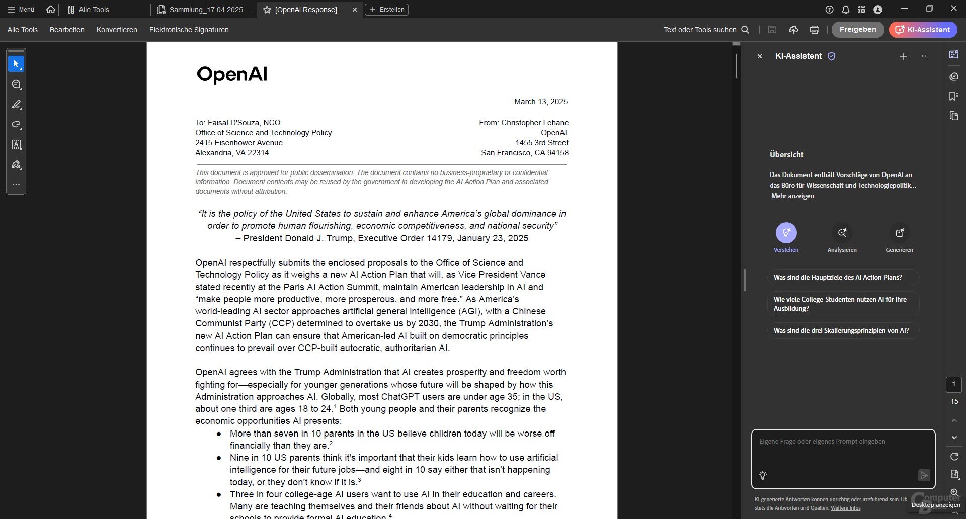 KI-Assistent im Acrobat Reader: Übersicht im neuen Dokument