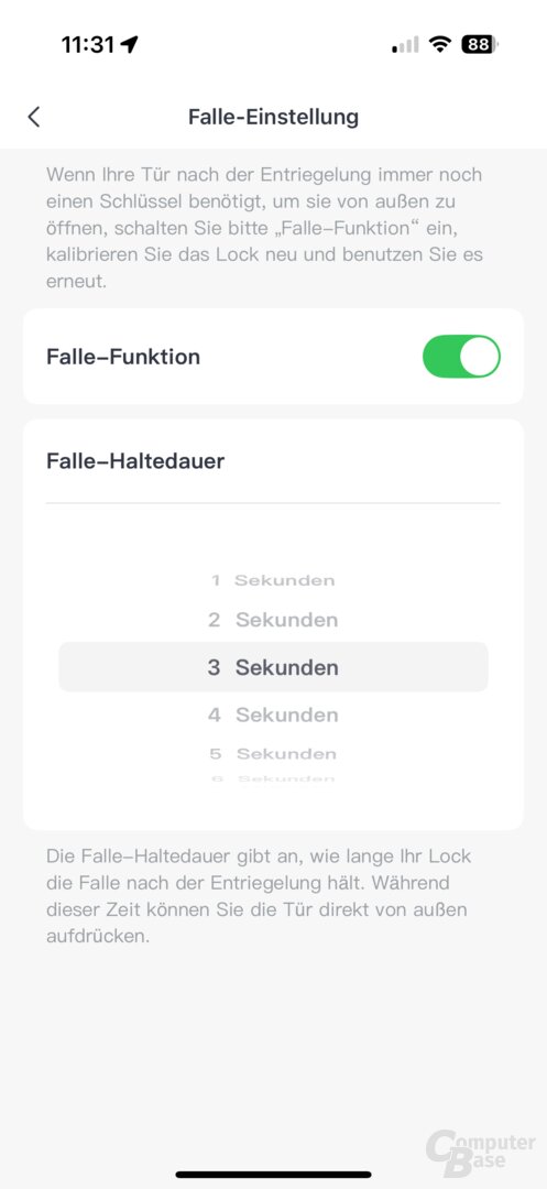 SwitchBot Lock Ultra: Auch die Haltedauer der Falle lässt sich einstellen