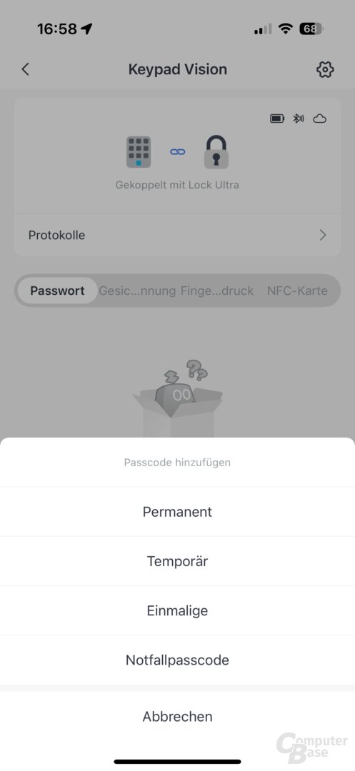 Keypad Vision: Hinzufügen eines Passcodes