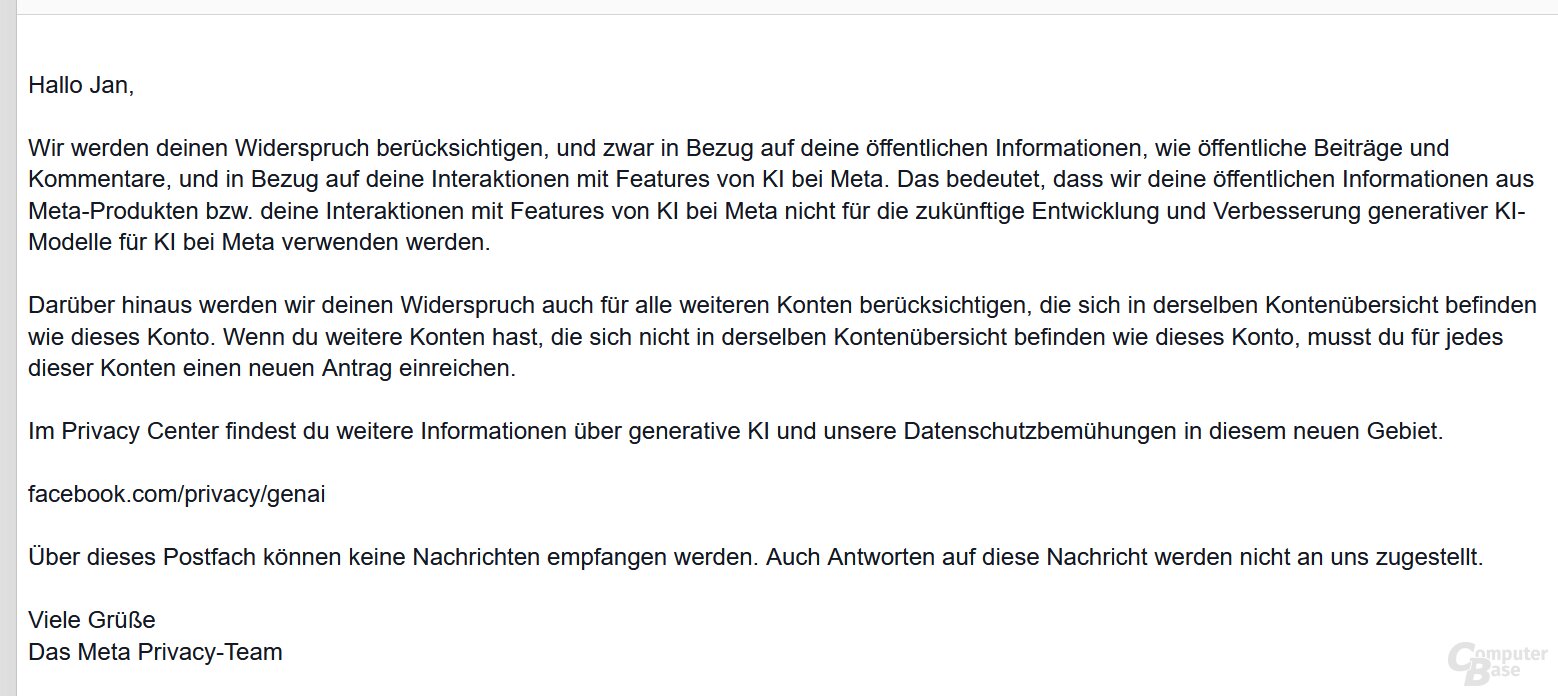 Meta bestätigt den Widerspruch per E-Mail an die im Account hinterlegte E-Mail-Adresse
