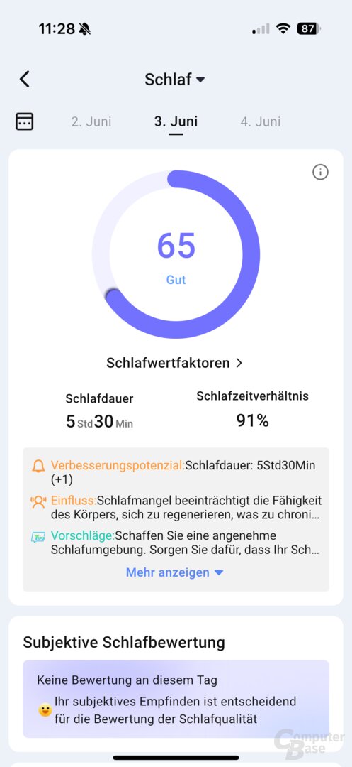 Ausführliche Schlafdaten und -analyse in der App
