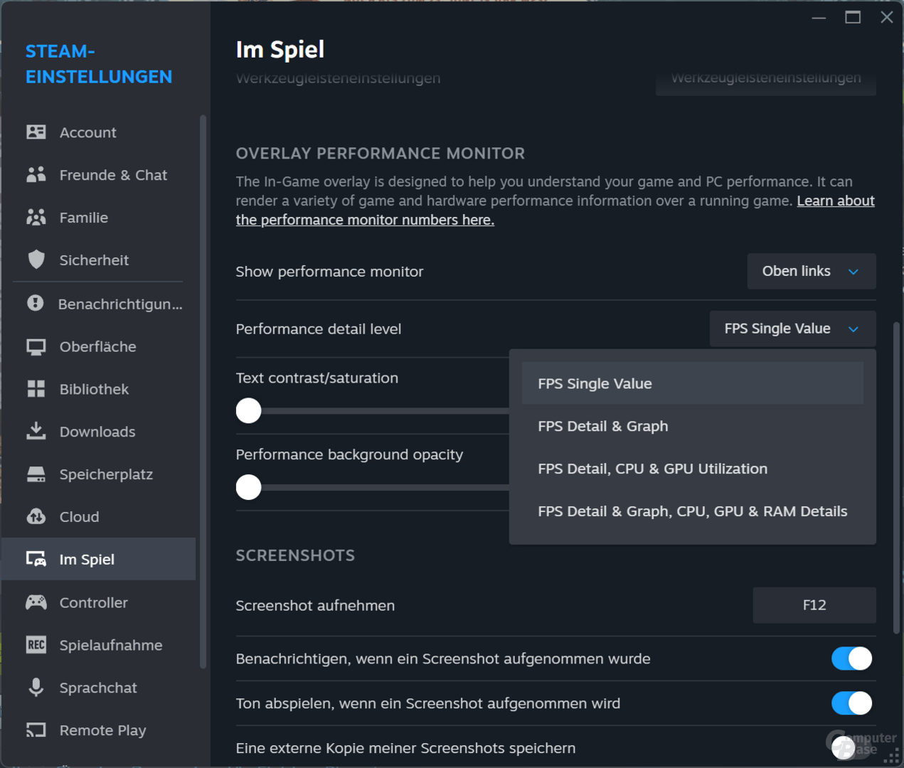 Unter „Steam-Einstellungen“ und „Im Spiel“ finden sich die neuen Overlay-Optionen