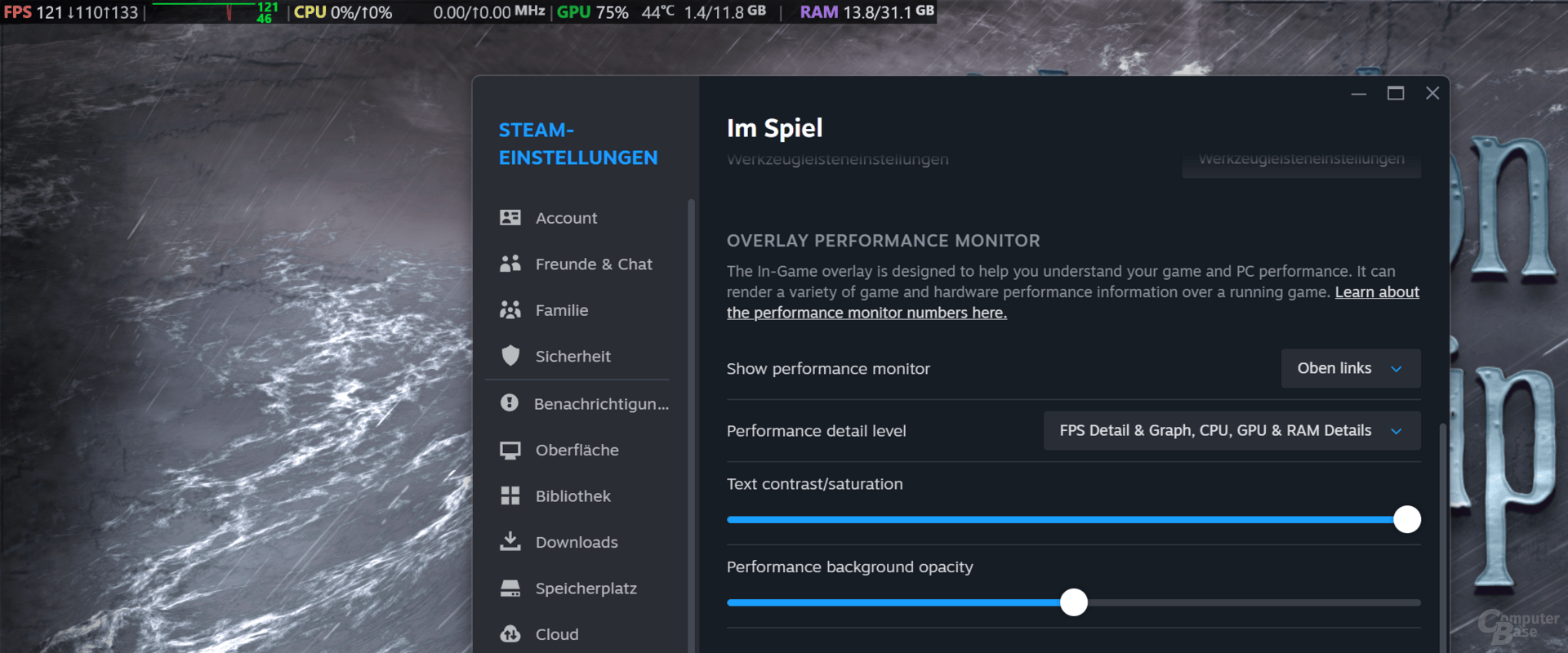 Der Overlay Performance Monitor mit maximalem Kontrast (und CPU-Anzeigefehler)