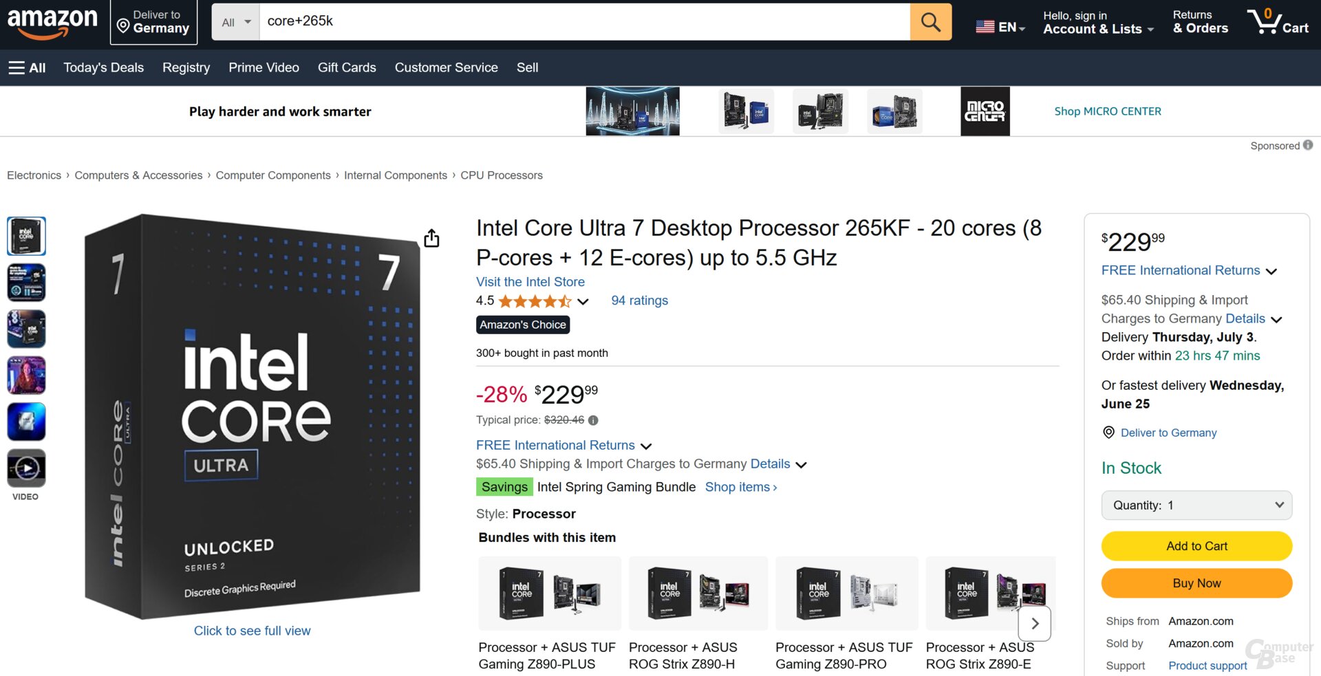 Bei Amazon in den USA gibt es den Core Ultra 7 265KF jetzt für 230 USD (statt anfangs 384 USD)