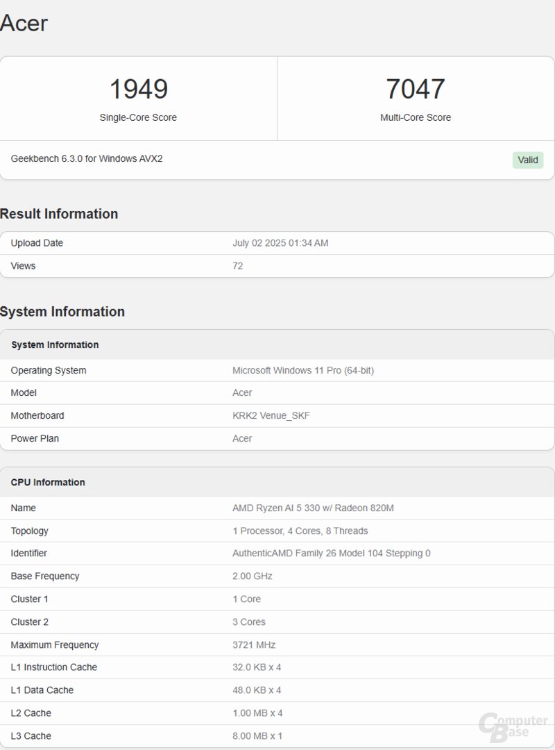 Ryzen AI 5 330 „Krackan Point 2“ im Geekbench