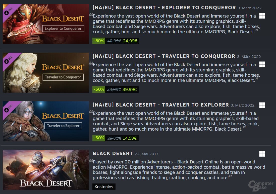 Black Desert und DLC-Pakete im Angebot auf Steam