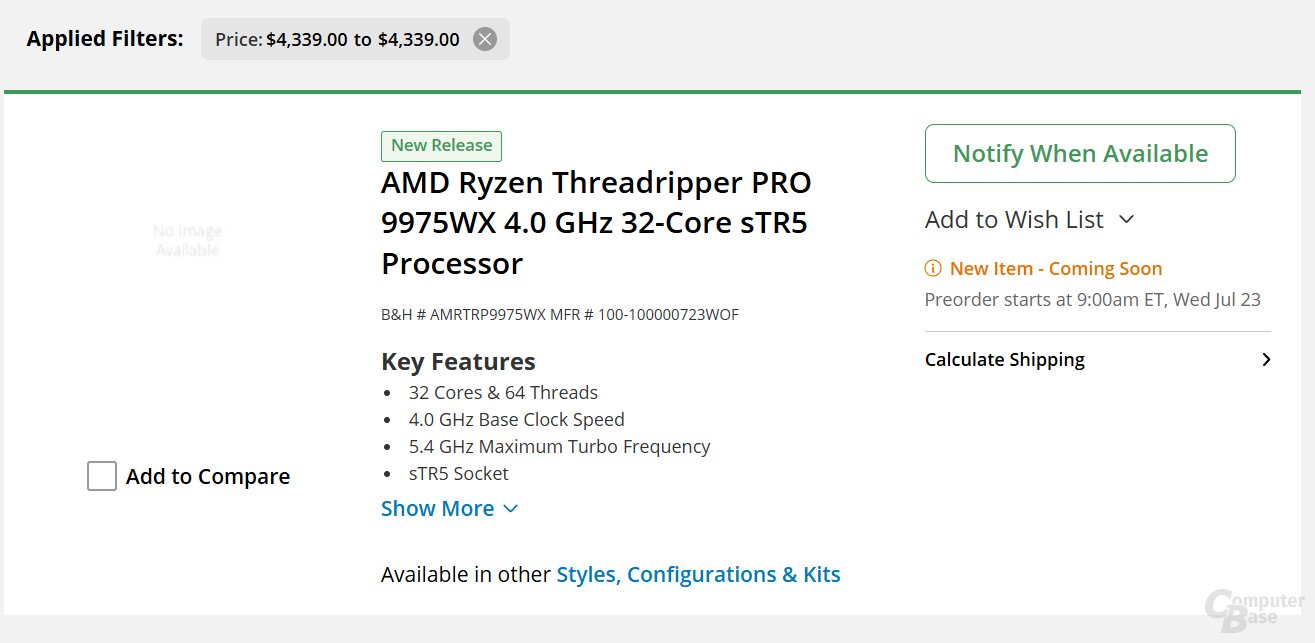 Der Ryzen Threadripper Pro 9965WX kostet dort 4.339 US-Dollar