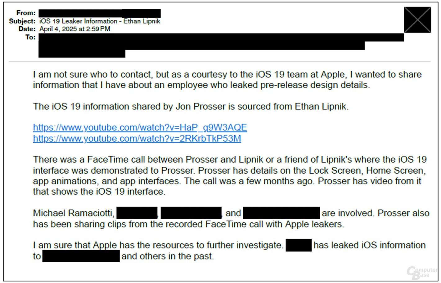 E-Mail an Apple, die den Sachverhalt aufdeckte