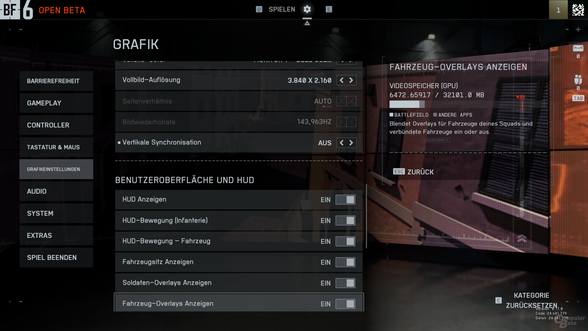 Das Grafikmenü der PC-Version