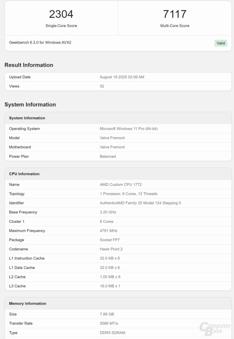 Valve Fremont im Geekbench