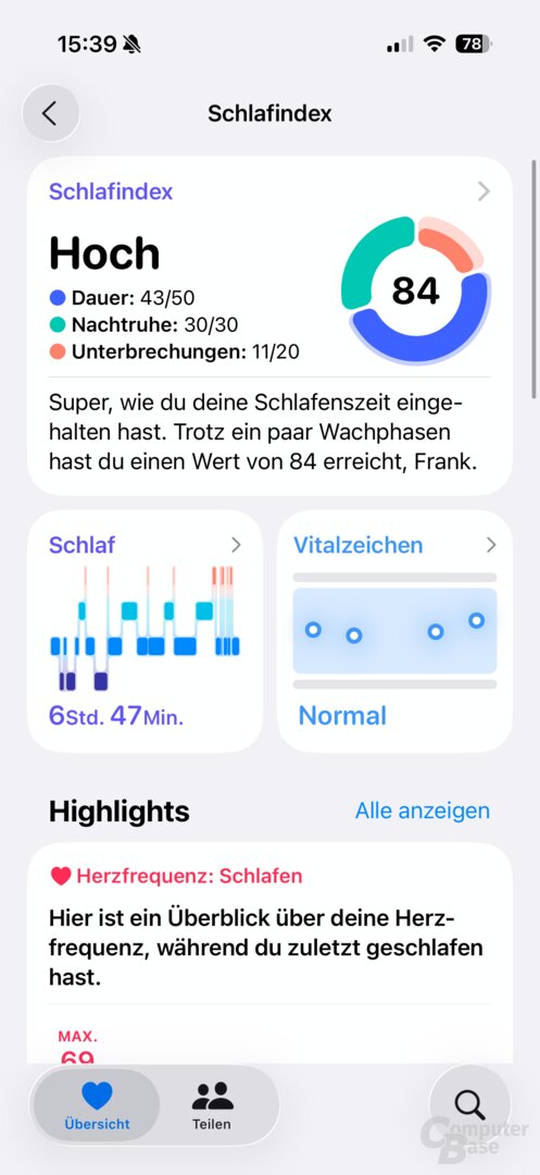 Details zum Schlafindex in der Health-App auf dem iPhone