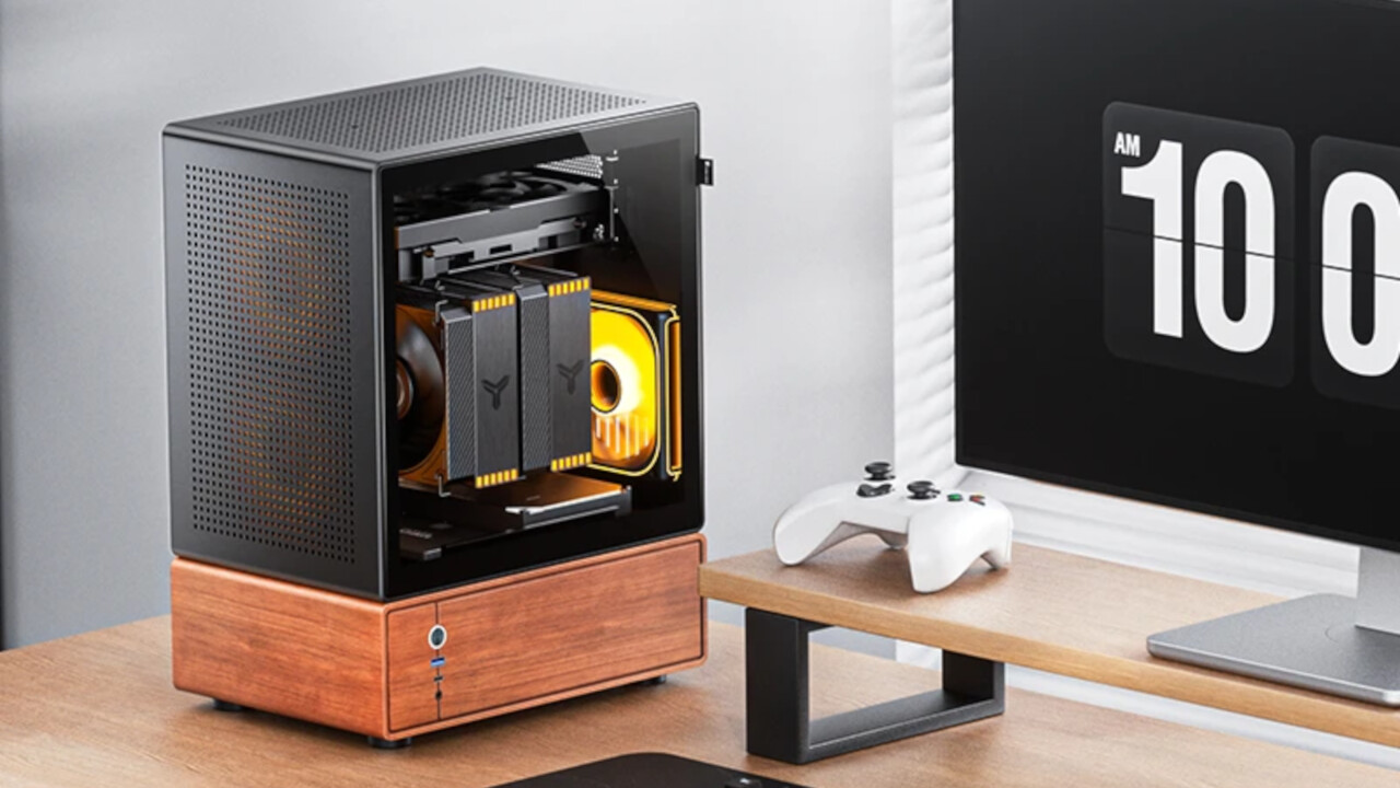 Jonsbo T7: Micro-ATX-Gehäuse steht quer und auf einem „Holzsockel“ Jonsbo T7: Micro-ATX-Gehäuse steht quer und auf einem „Holzsockel“