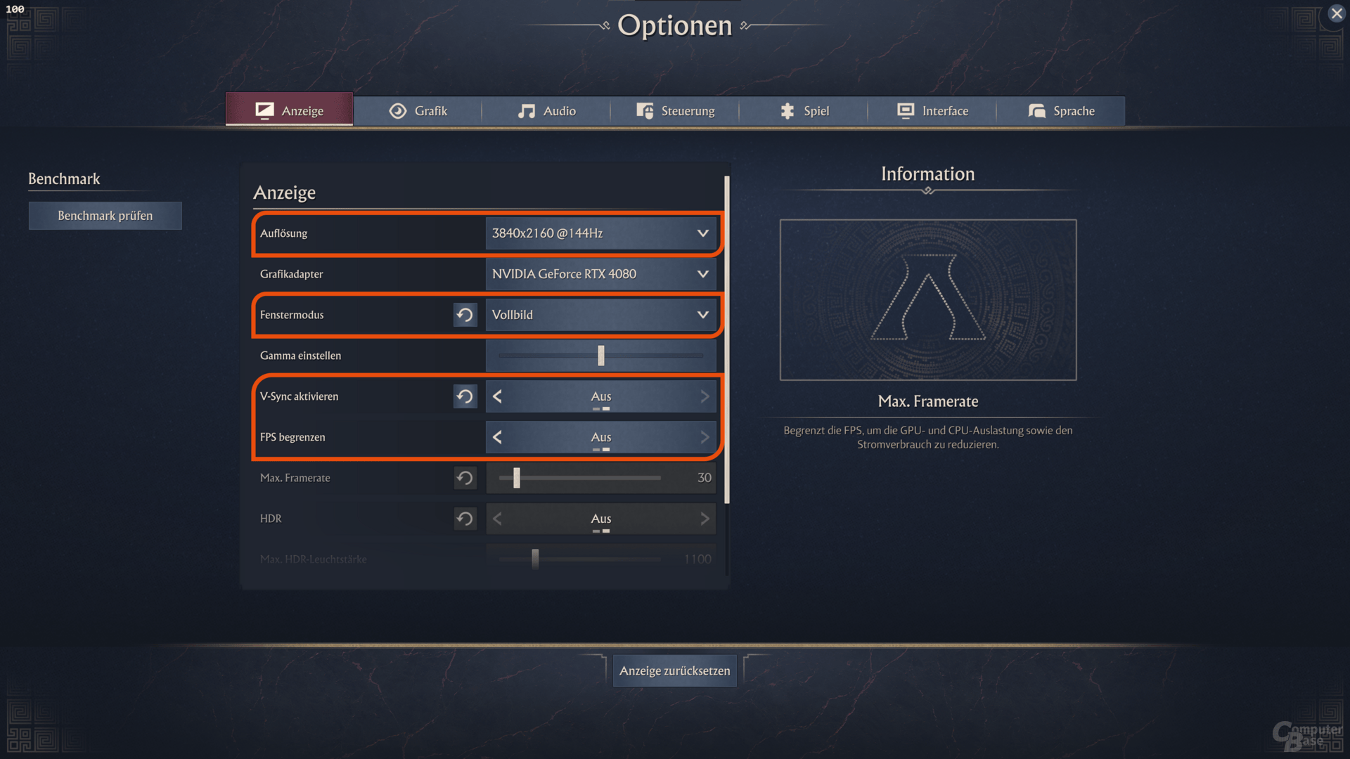 Die Anzeige-Einstellungen für die Benchmarks
