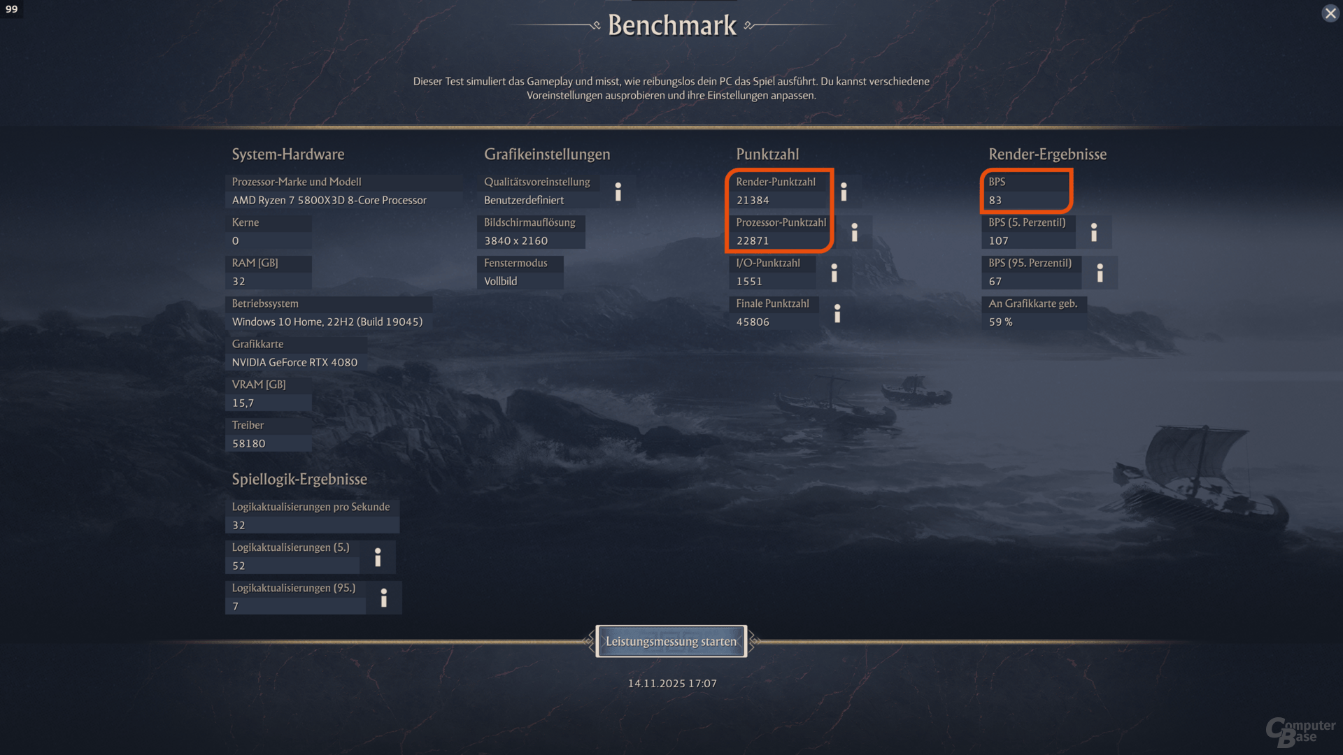 Die drei relevanten Werte in der Ergebnis-Ansicht des Benchmarks