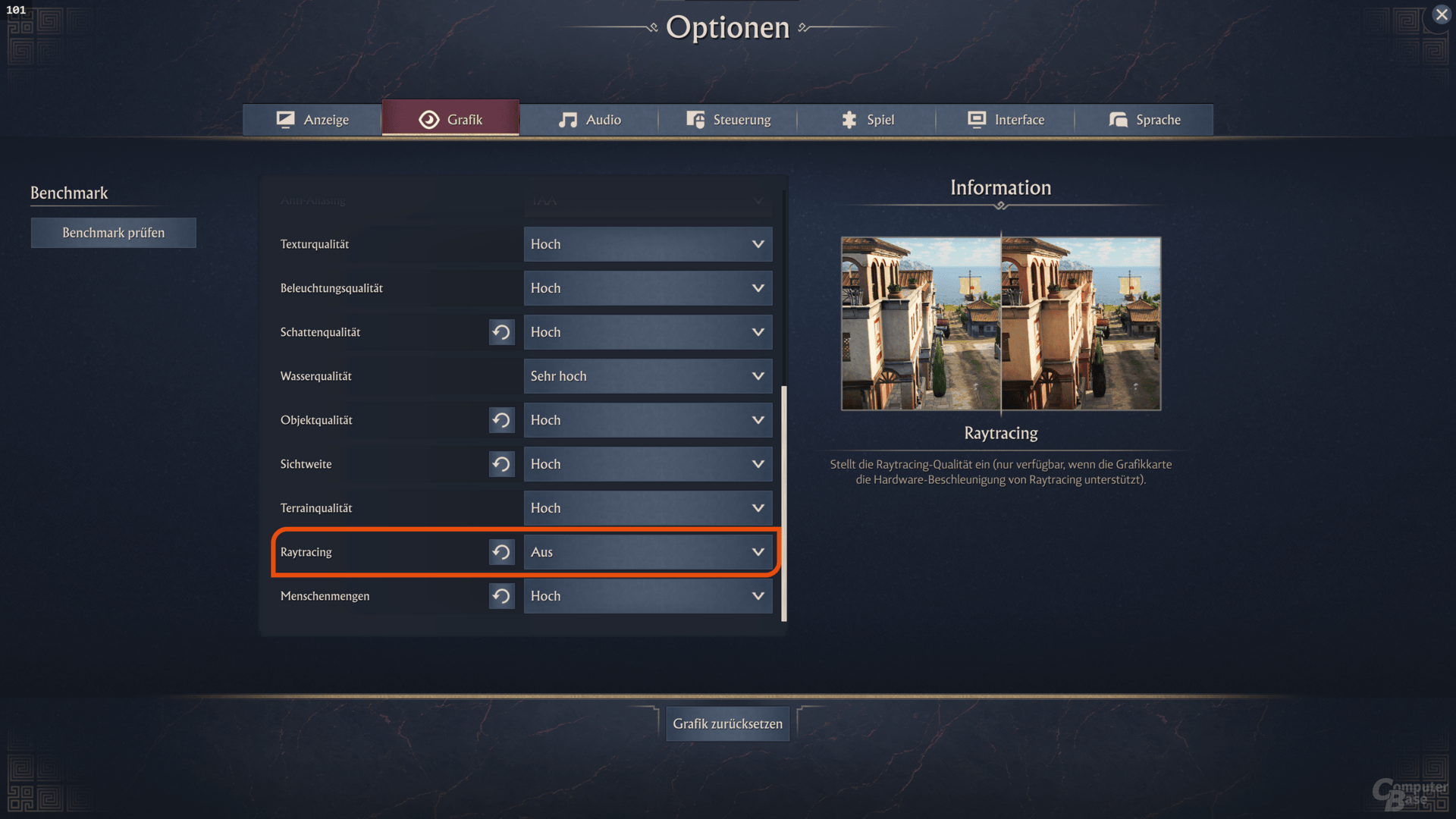Die Grafikeinstellungen für die Fallback-Benchmarks in Full HD: Raytracing aus!