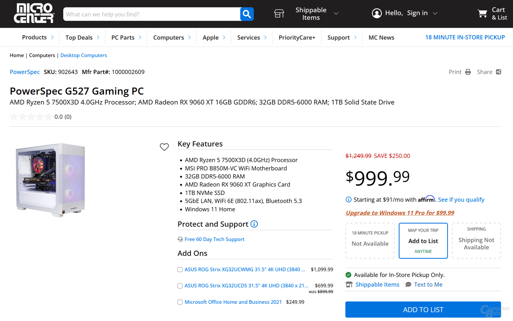 Micro Center verkauft den R5 7500X3D bereits in einem Gaming-Rechner