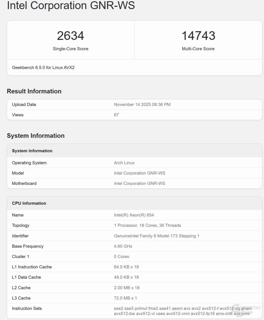 Intel Xeon 654 (GNR-WS) im Geekbench
