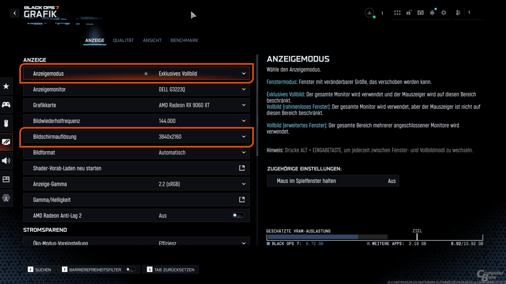 Die Anzeige-Einstellungen für die Benchmarks