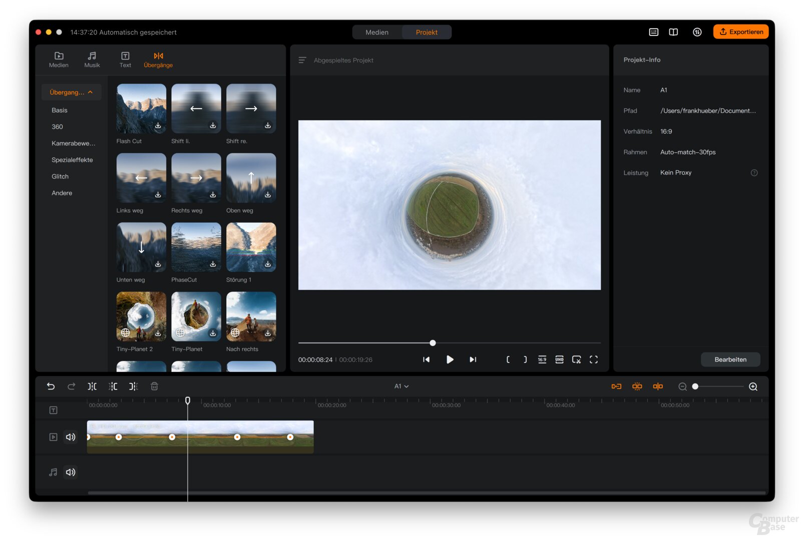 In Antigravity Studio können die 360°-Videos geschnitten, bearbeitet und mit zahlreichen Effekten versehen werden