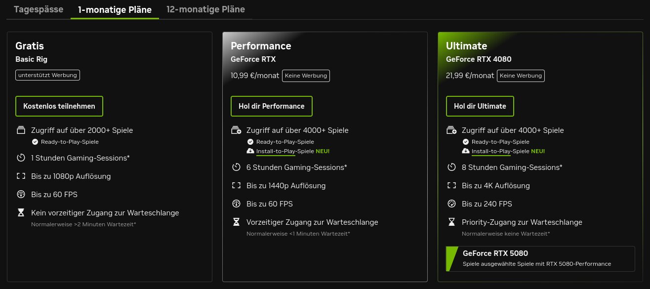 Monatliche Preise bei GeForce Now.