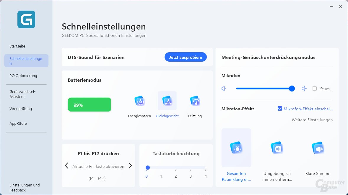 Das Toolkit Geekom PC Manager hält Treiber und Firmware aktuell und bietet verschiedene Einstellungen wie etwa für das Leistungsprofil an