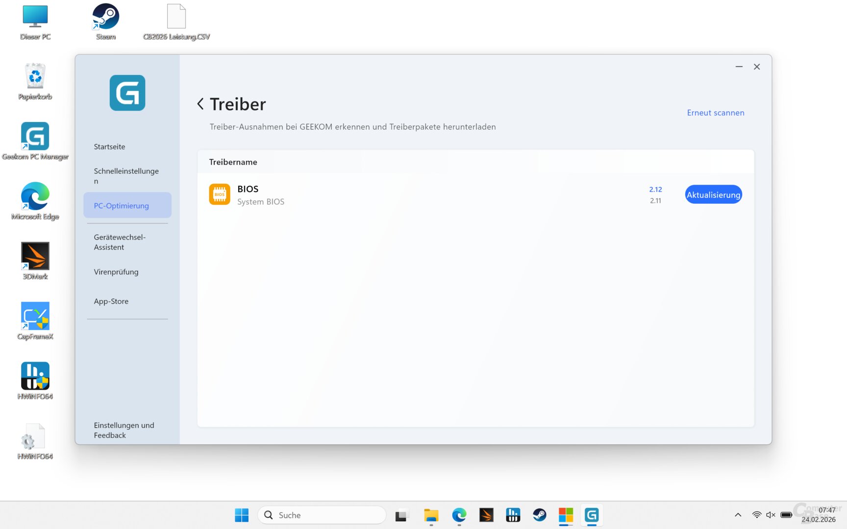 Das Toolkit Geekom PC Manager hält Treiber und Firmware aktuell und bietet verschiedene Einstellungen wie etwa für das Leistungsprofil an