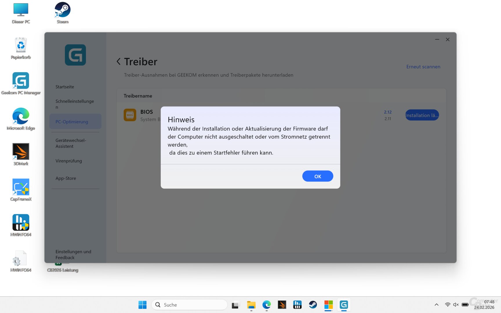 Das Toolkit Geekom PC Manager hält Treiber und Firmware aktuell und bietet verschiedene Einstellungen wie etwa für das Leistungsprofil an