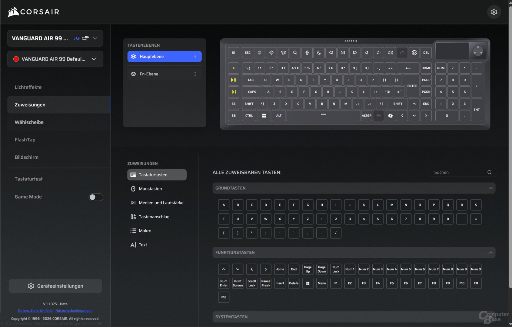 Corsair Web-App: Tastaturzuweisungen