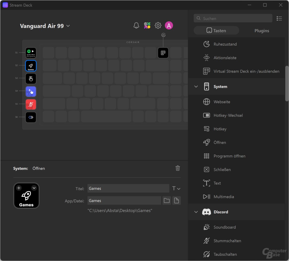 Aktionen können konfiguriert werden