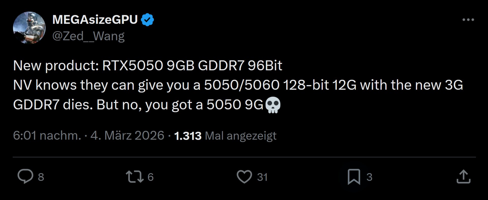 Angeblich steht eine GeForce RTX 5050 mit 9 GB GDDR7-Speicher bevor
