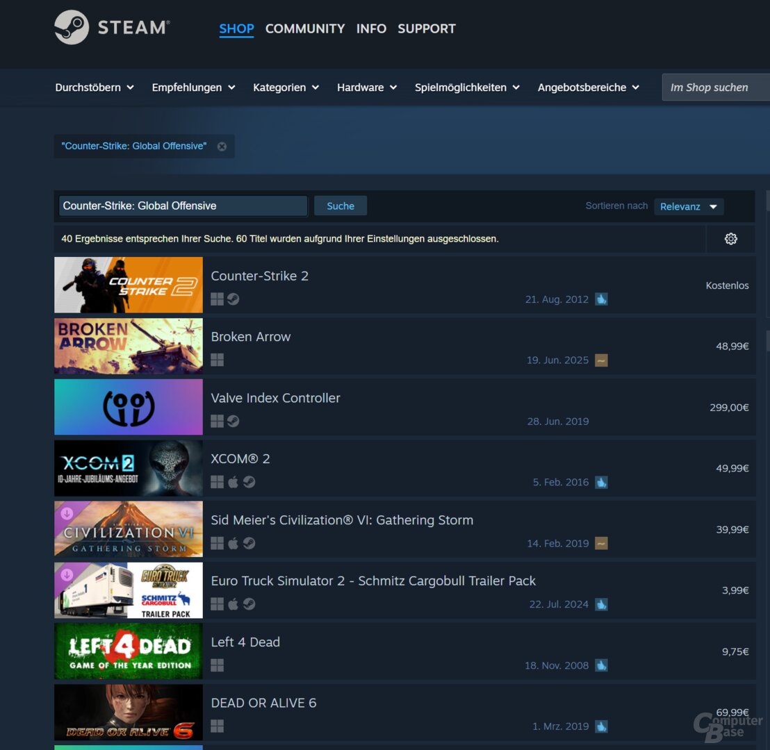 Über die Suche findet man Counter-Strike: Global Offensive allerdings nicht