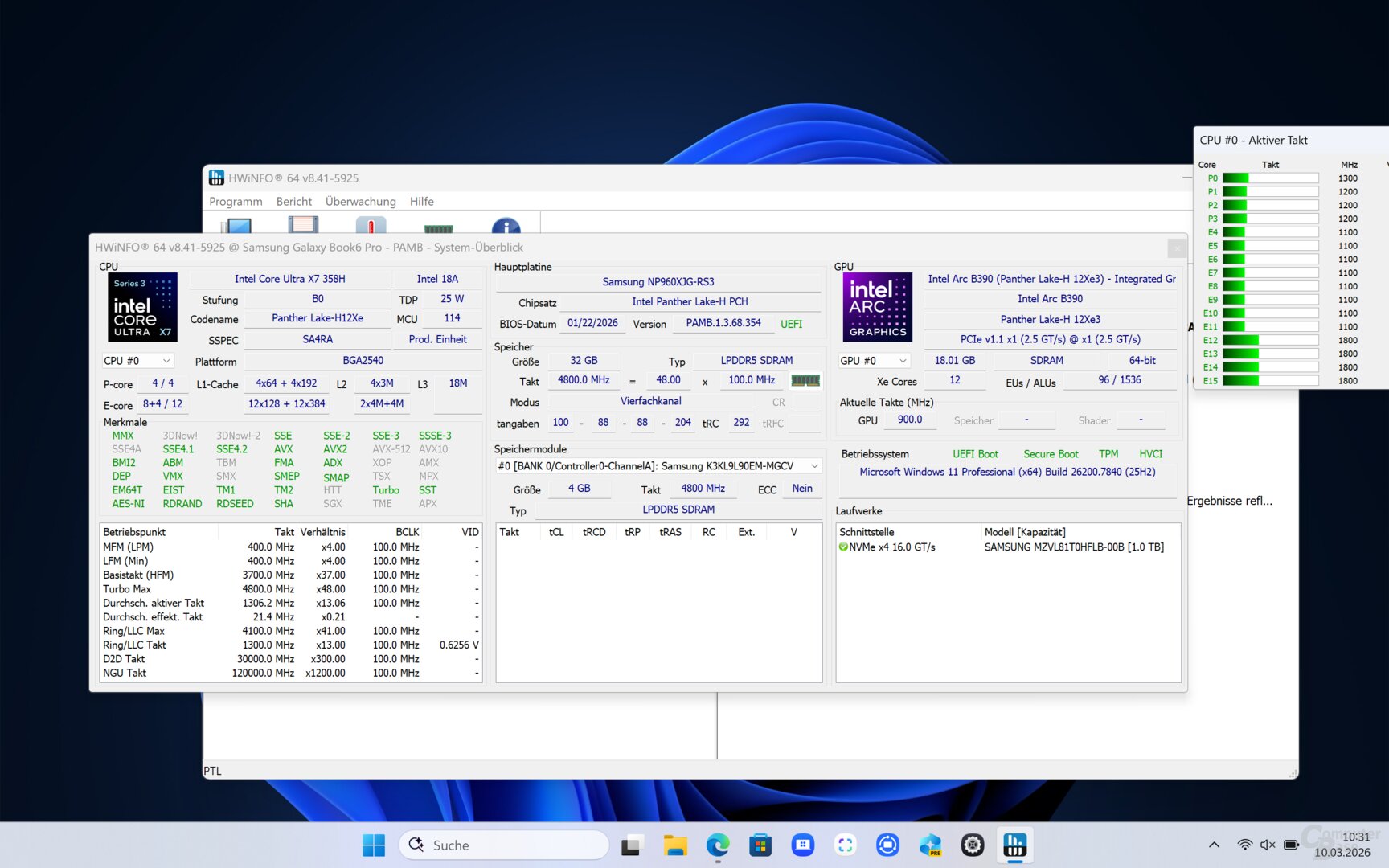 Der Core Ultra X7 358H wurde im Samsung Galaxy Book 6 Pro 16“ im Leistungsprofil getestet, Samsung kombiniert ihn mit LPDDR5X-9600