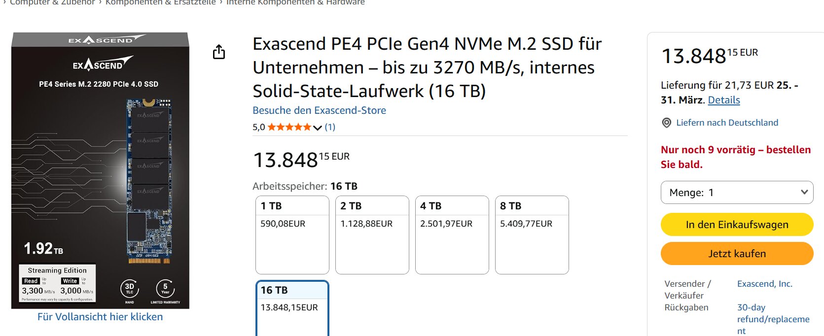 Exascend PE4 SSD mit bis zu 15,36 TB in M.2 2280