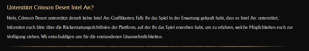 Crimson Desert läuft nicht auf Intel Arc und das dürfte vorerst auch so bleiben