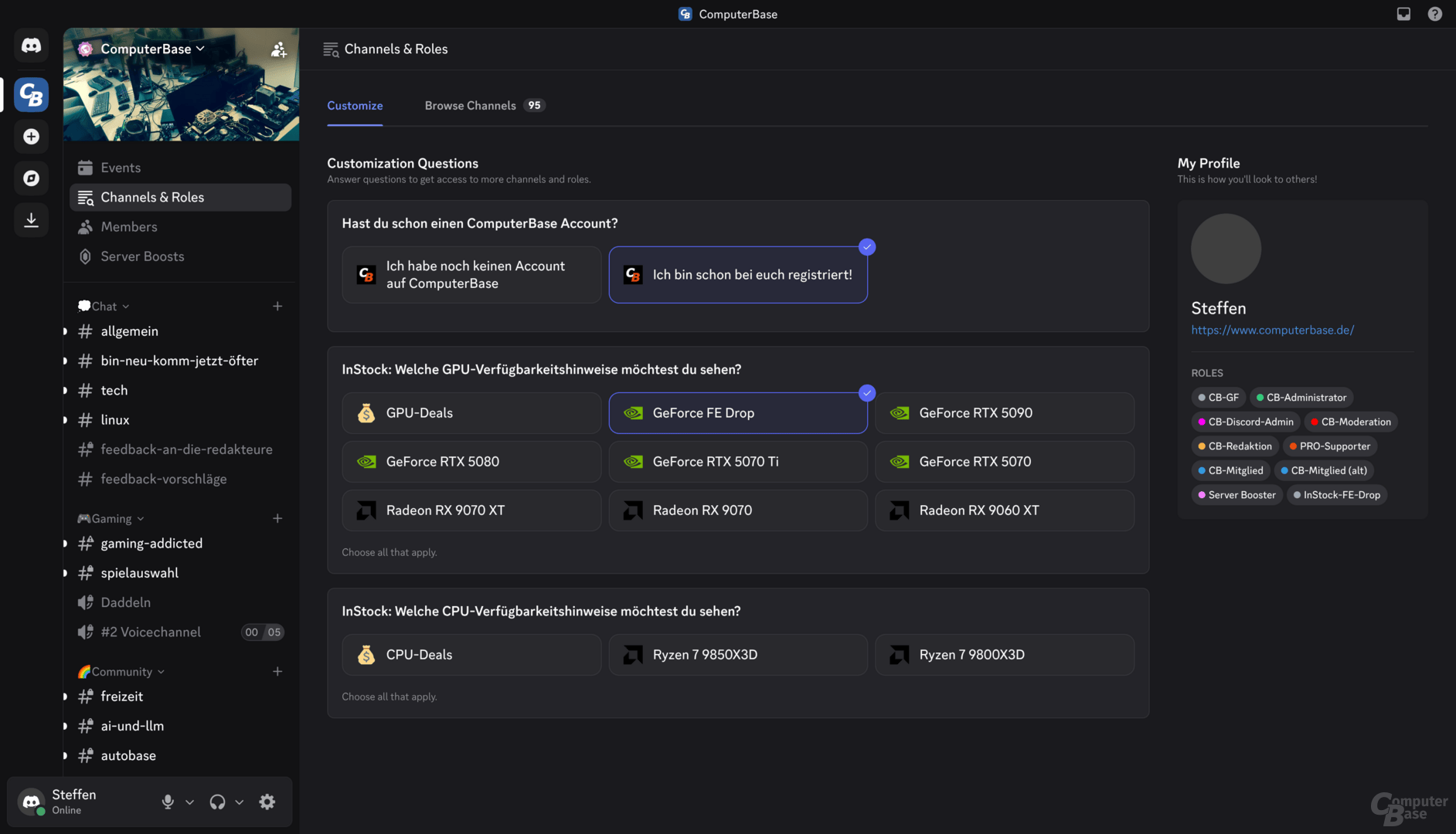 Kanalauswahl auf dem Discord-Server von ComputerBase